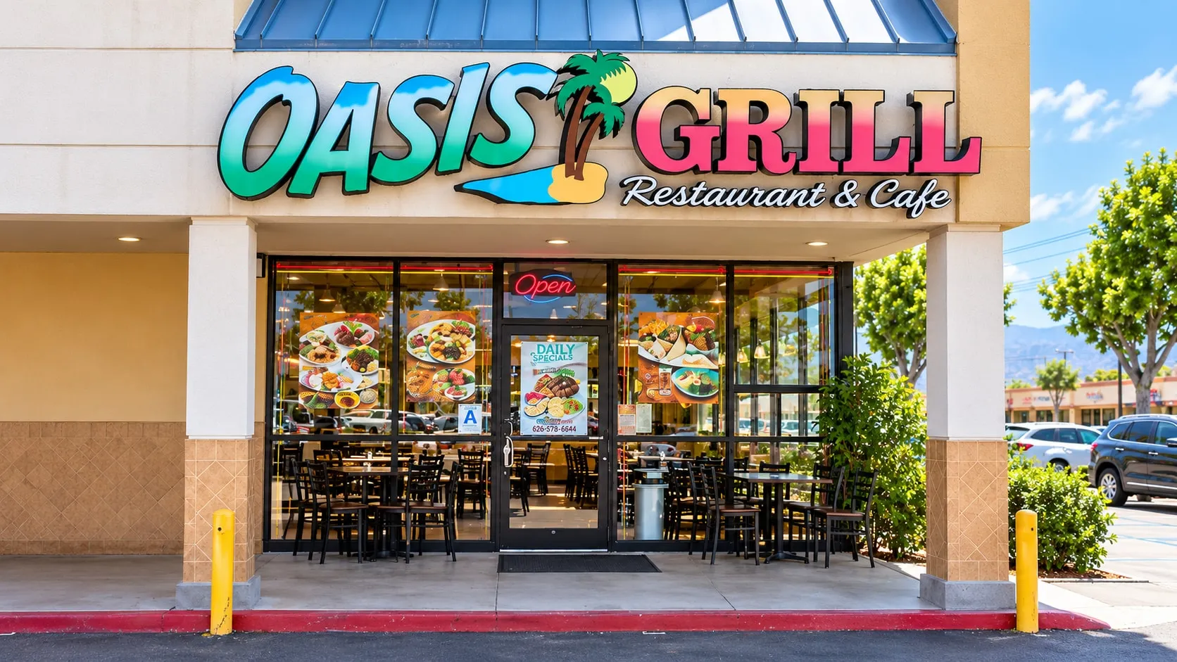 Oasis Grill storefront with the palm tree sign on Arrow Hwy in Covina, CA