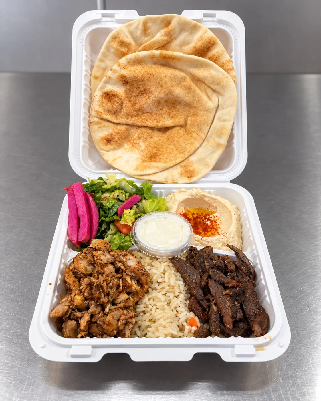 Shawarma combo plate with chicken and beef shawarma, rice, hummus, salad, and pita